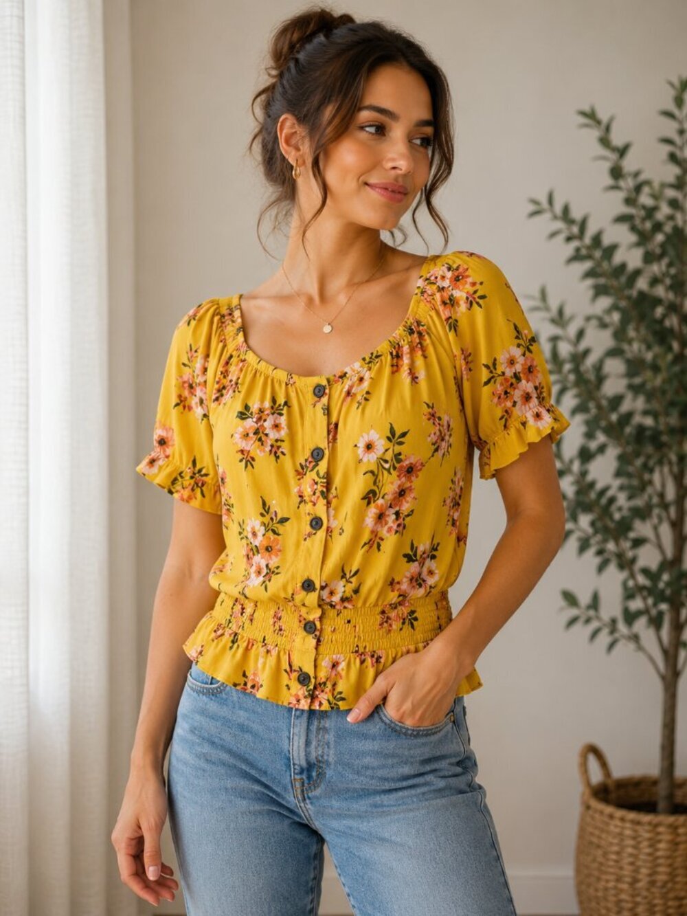 Lily White Yellow Floral Smocked Waist Top Large Short Sleeve Rayon Blouse